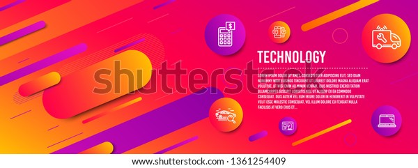 Header banner. Smartphone sms, Calculator and Car
service icons simple set. Search car, Seo strategy and Laptop
signs. Mobile messages, Money management. Technology set. Line
smartphone sms icon