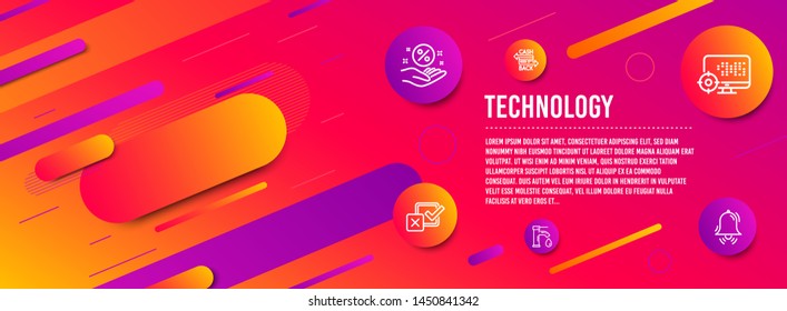 Header banner. Tap water, Cashback card and Checkbox icons simple set. Seo, Loan percent and Clock bell signs. Faucet, Money payment. Technology set. Line tap water icon. Gradient elements. Vector