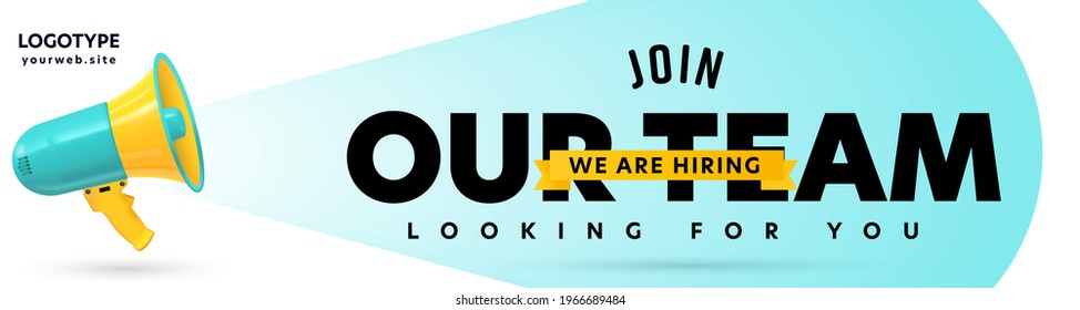 Header banner template with company job recruitment design. Megaphone loudspeaker announcing vacant place in corporate team. Recruitment promotion campaign advertising vector illustration