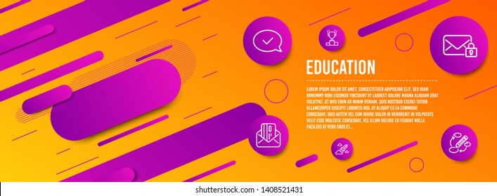Header banner. Winner podium, Secure mail and Approved message icons simple set. Startup rocket, Credit card and Keywords signs. Competition results, Private e-mail. Education set. Vector