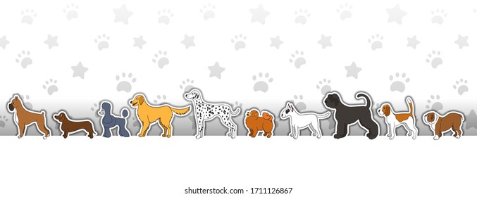 Header with black dog silhouettes on light background with stars and paws. Horizontal vector illustration