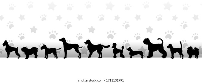 Header with black dog silhouettes on light background with stars and paws. Horizontal vector illustration