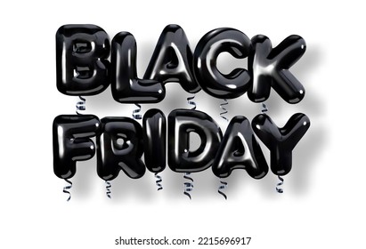 Header - black friday isolated on white background. Glossy black balloons. Realistic 3d style. Vector illustration