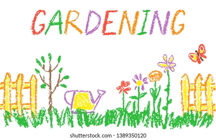  header border background gardening tools in garden or farm set. Like child hand drawing outdoor copy space. Crayon pencil vector flower, tree transplant, watering can, fence, cart, plant