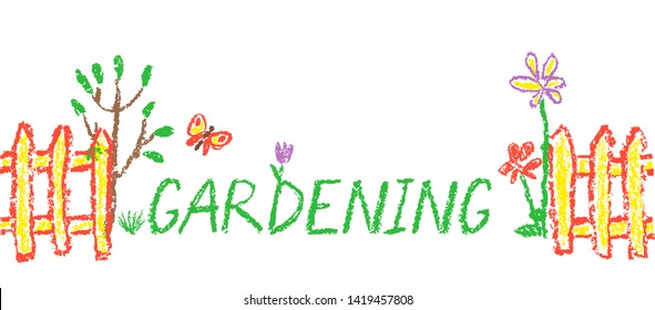 Header border garden or farm background. Like child hand drawing outdoor copy space. Childlike doodle crayon, pencil or pastel chalk vector gardening flower, tree transplant, fence, plant 