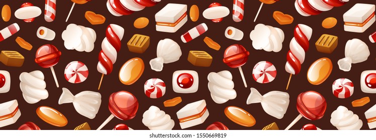 Header with bright pattern of candies. Cartoon vector illustartion on dark background, bright sweets. Good for social pages, banners, flyers.