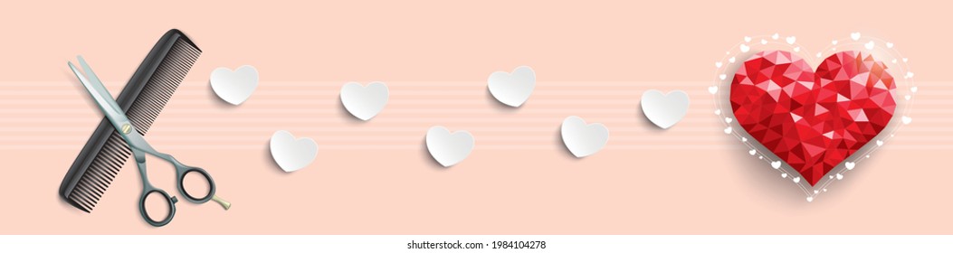 Header with the comb, scissors and hearts. Eps 10 vector file.