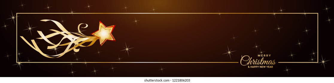 Header Comet star,  Merry Christmas text and golden frame, copy space on background