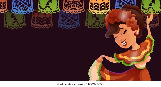 Header with a dancing mexican woman. Character in traditional clothes. Papel picado chains. Mexican national symbols. Vector background