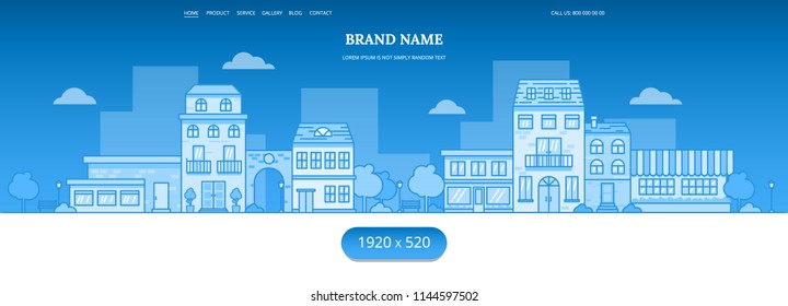 Header or footer for website, brochure, poster, magazine, leaflet, report,  flyer, or their elements. Template with vector city, street, buildings. Size 1920x520 px. 
