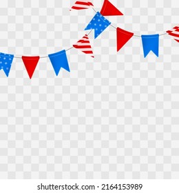 Header with garland with red and blue flags with stars and stripes isolated on transparent background. Elements for American, USA Holidays, decor, design, paty, banner, poster, greeting card.