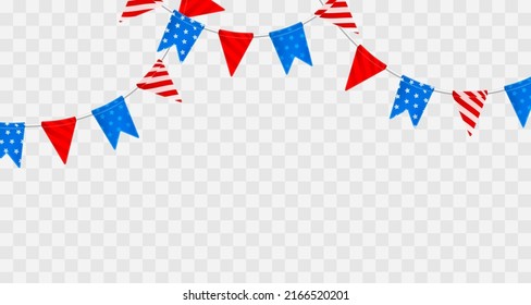 Header with garland with red and blue flags with stars and stripes isolated on transparent background. Elements for American, USA Holidays, decor, design, paty, banner, poster, greeting card.