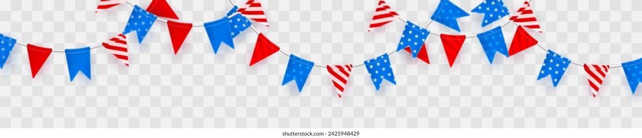 Cabecera con guirnalda con banderas rojas y azules con estrellas y rayas aisladas sobre fondo transparente. Elementos para American, USA Holidays, decoración, diseño, fiesta, banner, póster, tarjeta de felicitación