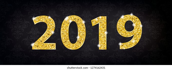 Header with golden text 2019 on the black background with ornaments. Eps 10 vector file.