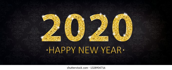 Header with golden text 2020 Happy New Year on the black background with ornaments. Eps 10 vector file.