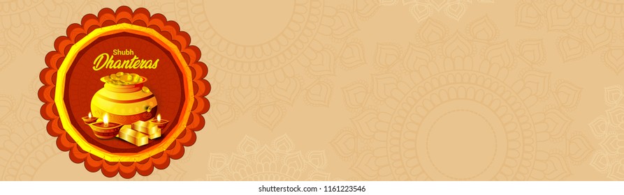 Header for Happy Dhanteras festival of India, with Gold coin in pot for celebration on Happy Dhanteras