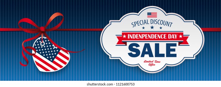 Header with heart and label for Independence Day Sale.  Eps 10 vector file.