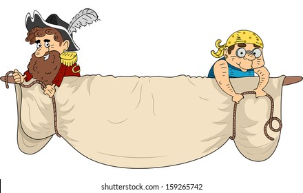 Ilustración de cabecera de piratas desenrollando una vela