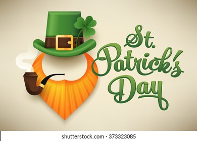 Header image on Saint Patrick's day celebration with traditional festive elements such as leprechaun hat with clover leaf, smoking pipe and red beard