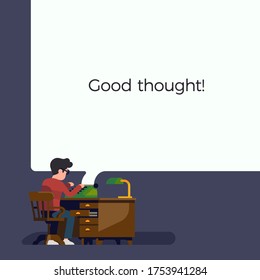 Header image or post template with copy space container and writer character working on a typewriter, flat vector illustration. Ideal for text posts on social networking and image sharing services