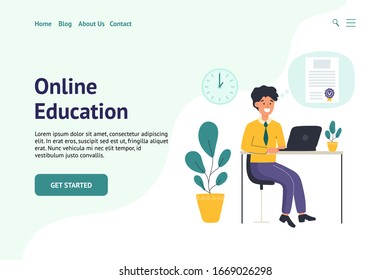 Header for landing page or website with a man surfing internet and learning online. Flat web design with office manager. Online education banner. Vector illustration