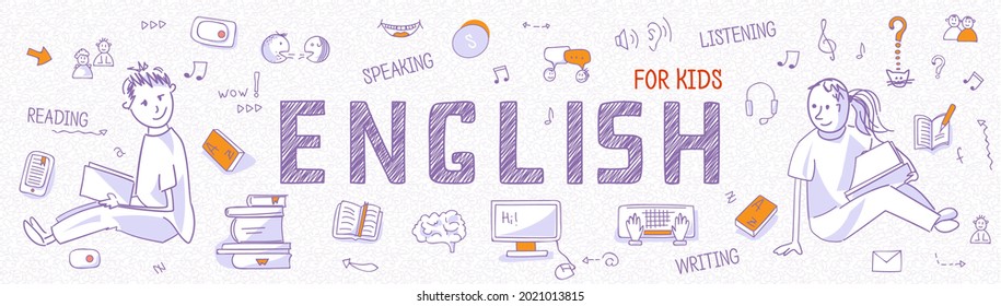 Header Children’s Language School or course. Teach and learn English. Outline icons, symbols, signs of book, dictionary, vocabulary, speaking, reading, writing, listening skills on white background