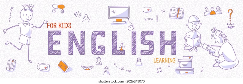 Header Children’s Language School or course. Teach and learn English. Outline icons, symbols, signs of book, dictionary, vocabulary, speaking, reading, writing, listening skills on white background