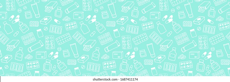 Header for medicine, science or pharmacy design. Seamless medical hand drawn background. Simple doodle health care pattern. Vector illustration.