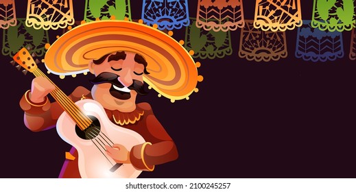 Header with a mexican man playing guitar. Character in traditional clothes. Papel picado chains. Mexican national symbols. Vector background