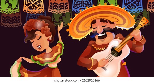 Header with mexican people. A dancer and a musician. Characters in traditional clothes. Papel picado chains. Mexican national symbols. Vector background