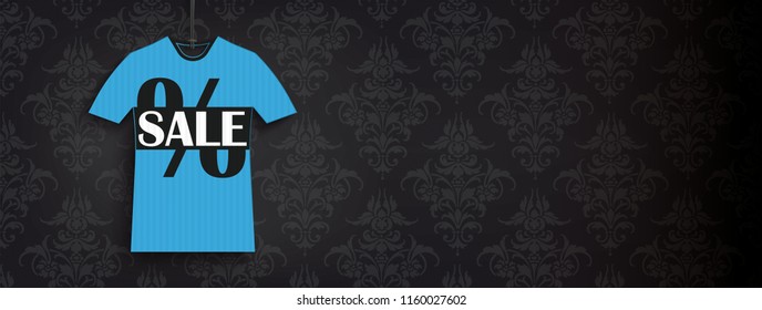 Header with price sticker of t-shirt shape on the black background with ornaments. Eps 10 vector file.