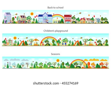 Header set in flat style. Website headers. Banner. Back to school. Children's playground. Seasons. Vector illustration. Buildings and nature elements big set.