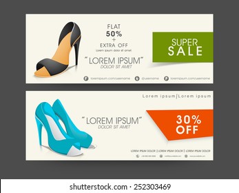 Header for super sale of ladies footwear with name, off percentage and contact details.