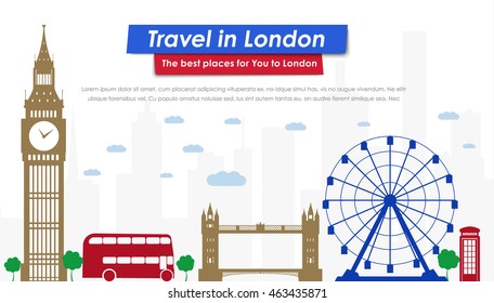 Header Template London buildings and landmarks. Banner Design for tourism and Journey. Vector illustration. Flat style