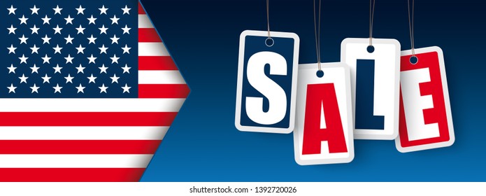 Header with USA Flag and price stickers with the text Sale. Eps 10 vector file.