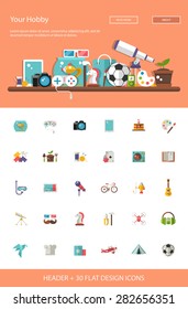 Header With Vector Modern Flat Design Hobby Icons And Infographics Elements Set For Your Website Illustration