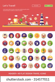 Header with vector modern flat design travel, vacation, tourism icons and infographics elements set for your website illustration
