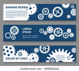 Header web banners techno gears background with geometric cogwheels. Space for text. Clock mechanism. Vector gears and cogs modern mechanism industrial concept. Clock technology cogwheels backgrounds.