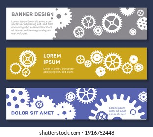 Header web banners techno gears background with geometric cogwheels. Space for text. Clock mechanism. Vector gears and cogs modern mechanism industrial concept. Clock technology cogwheels backgrounds.