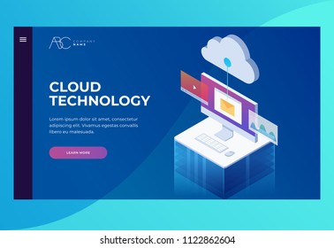 Header for website. Design template for Landing Page. Cloud storage. Data analysis, checking email, watching video files. Vector illustration. Lcd monitor 3d isometric flat design.
