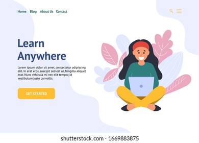 Header For Website With A Girl Browsing Internet On Laptop. Woman Learning Or Working Online On Computer. Landing Page Template. Trendy People And Education Online. Vector Illustration