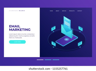 Header for website. Homepage. Concept of mobile email notification. Communication, distribution of information, sending of email. 3d isometric design. Vector illustration.