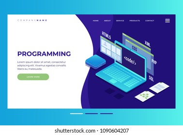 Header for website. Homepage. Concept of web development, programming and coding. Elements of interface and browser windows on monitor screen.Innovations and technologies. Vector illustration.