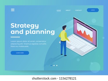 Header for website. Homepage. Strategy and planning. Financial review. Businessman standing in front of laptop and looks at growth statistics. 3d isometric flat design. Vector illustration.