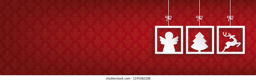 Header with white frames and christmas symbols on the red background. Eps 10 vector file.