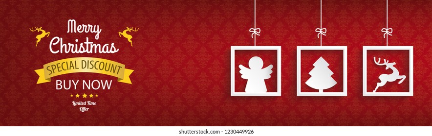 Header with white frames and christmas symbols on the red background for the Christmas Sale. Eps 10 vector file.