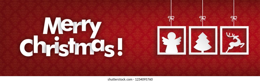 Header with white frames and christmas symbols on the red background. Eps 10 vector file.