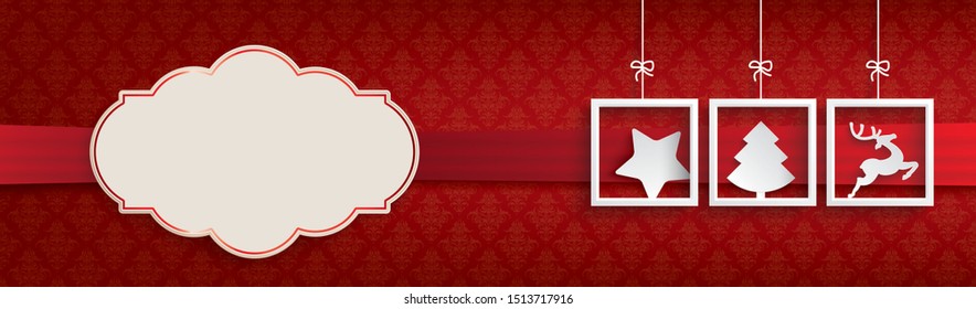 Header with white frames and christmas symbols on the red background. Eps 10 vector file.