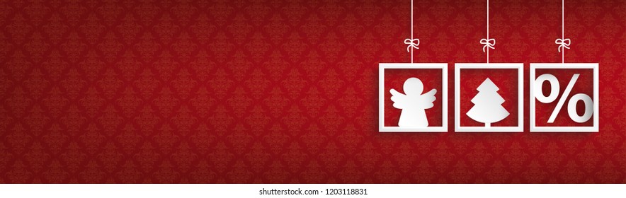 Header with white frames, percent and christmas symbols on the red background. Eps 10 vector file.