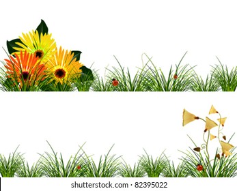 headers with flowers, grass and ladybugs; abstract vector art illustration; image contains transparency